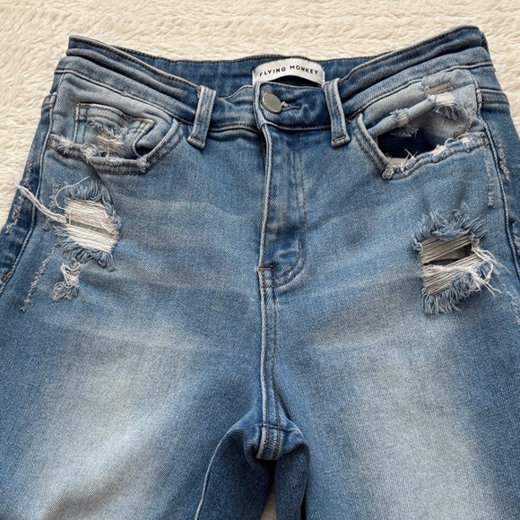 Flying Monkey Distressed Blue Women's Jeans with Frayed Cuff at Bottom - Picture 3 of 8